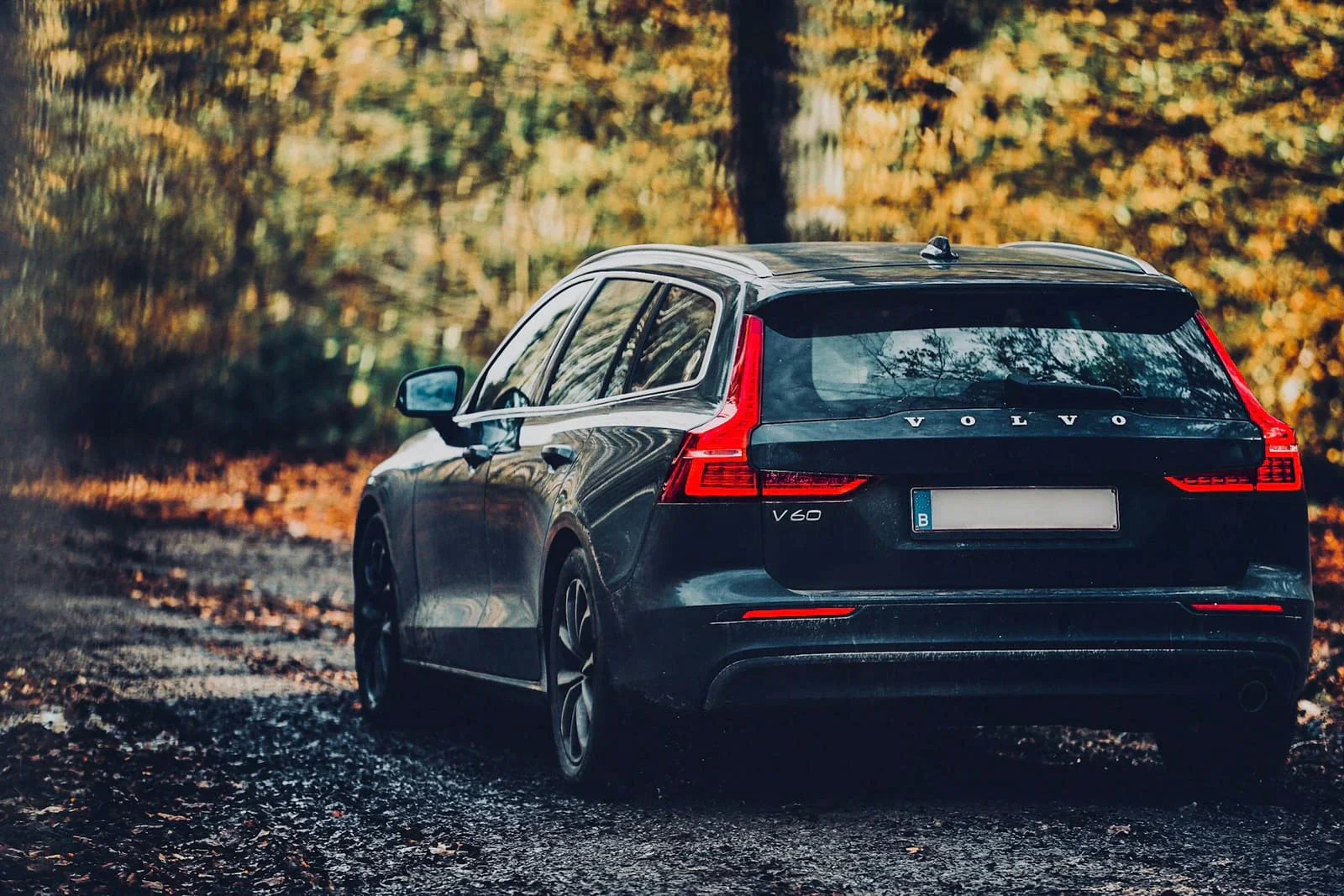 Black Volvo V60 estate on a forest road, rear view